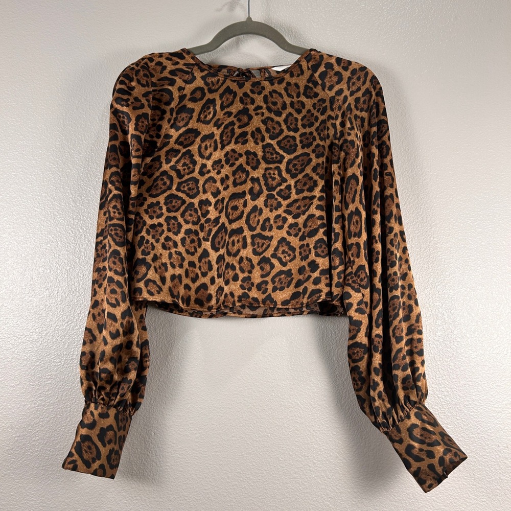 H&M Leopard Print Satin Cropped Blouse Balloon Sleeve Brown Black Small